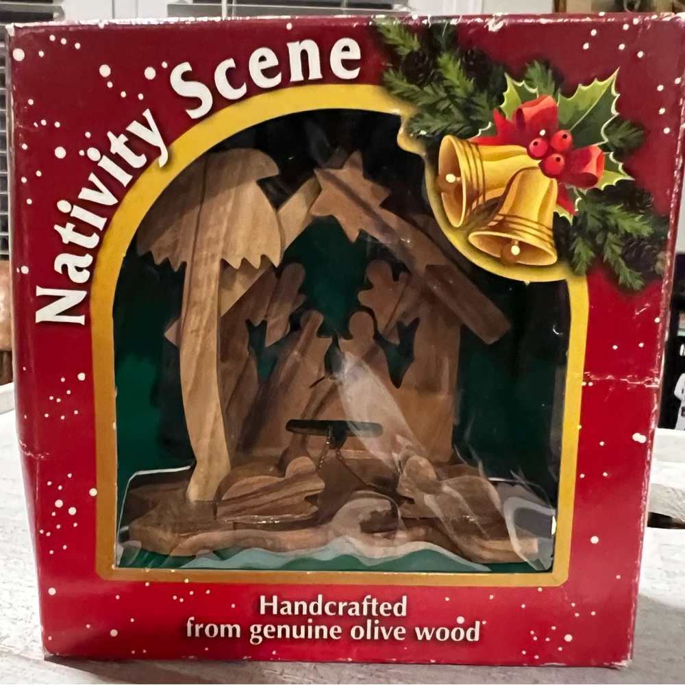 Genuine Olive Wood Small Nativity Scene Ornament Israel Holy Land In Box